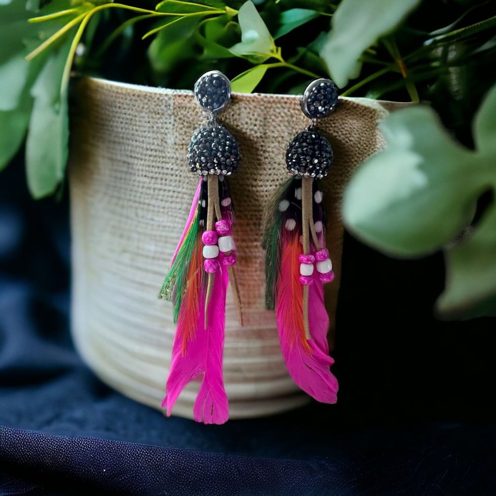 Feather Boho Glitz Pierced Earrings Bright Pink Beads Rhinestones 3.5" Long NWOT